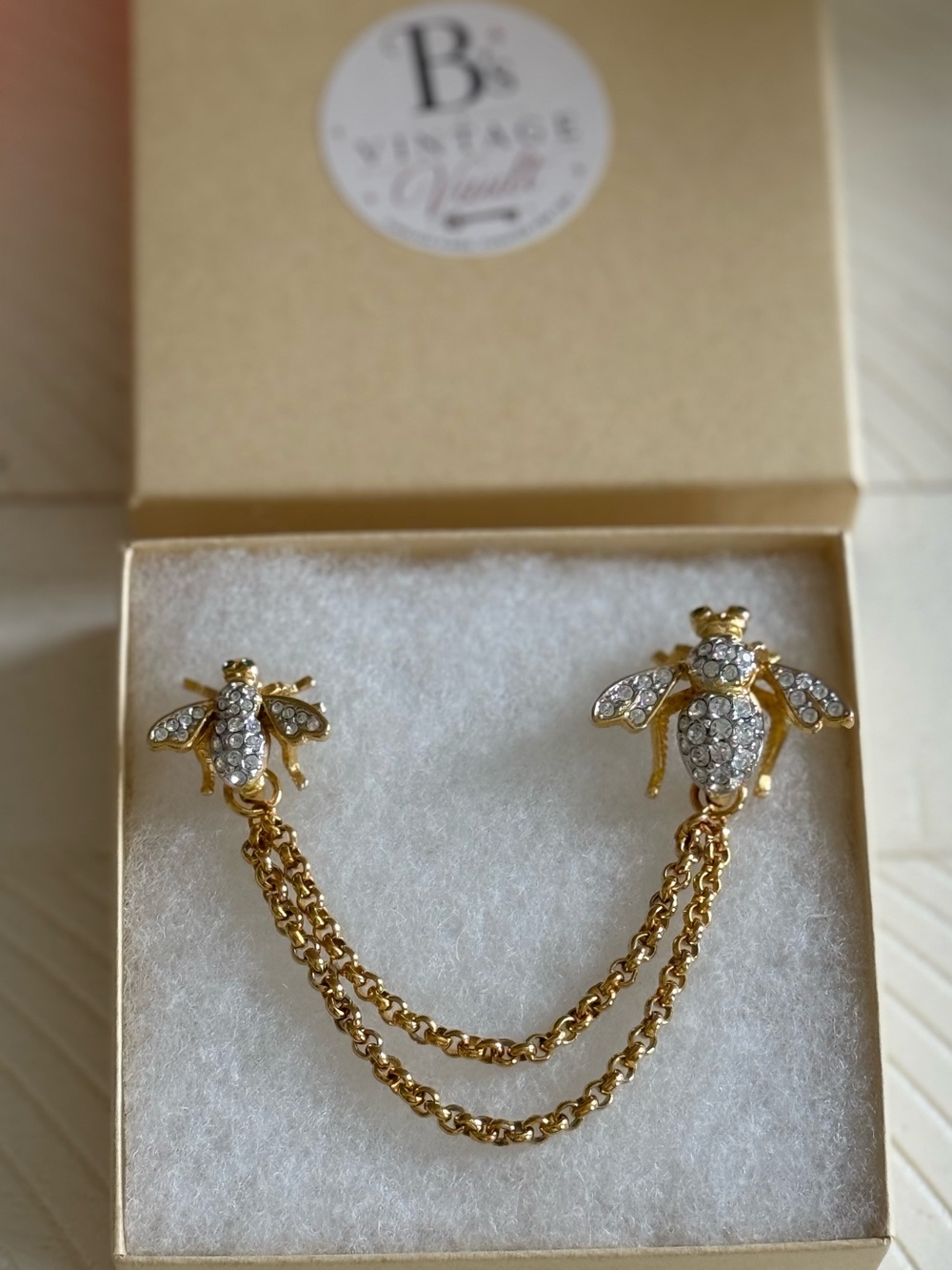 Joan Rivers Gold-Tone Bee Double Chain Brooch with Clear Crystals